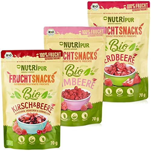 Gefriergetrocknete Früchte BIO: 3x70g Gefriergetrocknete Erdbeeren – Getrocknete Himbeeren – Kirschen Gefriergetrocknet – Trockenobst Mischung von NutriPur Gefriergetrocknete Früchte BIO: 3x70g Gefriergetrocknete Erdbeeren – Getrocknete Himbeeren – Kirschen Gefriergetrocknet – Trockenobst Mischung von NutriPur von NUTRIPUR