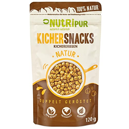 Kichererbsen Snack: 120g leckere Kichersnacks aus doppelt gerösteten Kichererbsen – Nussige Kichererbsen geröstet – Kicher Erbsen Snack vegan, glutenfrei – Natürliche Knabbereien geroestet – NutriPur von NUTRIPUR