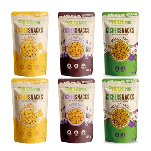 Kichererbsen Snacks: Knusprige Kicher Erbsen Chips aus köstlich gewürztem Kichererbsen Mehl – 3 Sorten Kichersnacks – Salzige Snacks Vegan von NutriPur 6x120g Kichererbsen Snacks: Knusprige Kicher Erbsen Chips aus köstlich gewürztem Kichererbsen Mehl – 3 Sorten Kichersnacks – Salzige Snacks Vegan von NutriPur 6x120g von NUTRIPUR