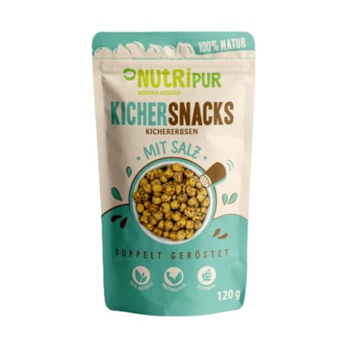 Kichererbsen Snack: 120g leckere Kichersnacks gesalzen – Aus doppelt gerösteten Kichererbsen – Gesalzene Kichererbsen geröstet – Kicher Erbsen Snack vegan – Natürliche Knabbereien geroestet NutriPur von NUTRIPUR