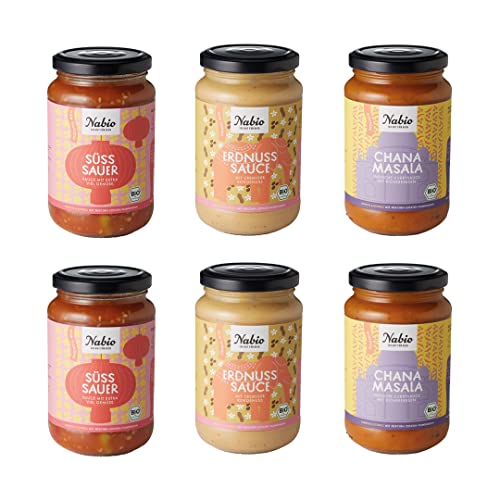 NABIO | Sechs vegane Asia Saucen in drei Sorten, 2x Chana Masala, 2x Erdnuss Sauce, 2x Süß Sauer Sauce. von NABIO