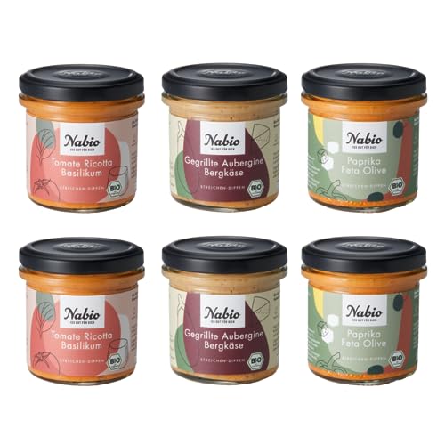 NABIO | Käse-Liebe-Box mit drei verschiedenen vegetarischen Brotaufstrichen I Je 2x Tomate Ricotta Basilikum, Paprika Feta Olive und Gegrillte Aubergine Bergkäse I (6 x 135g) von NABIO