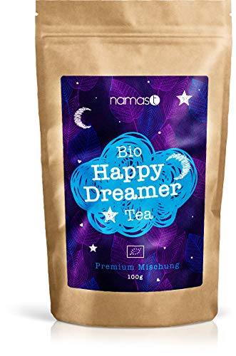 BIO Happy Dreamer Tea 100g - Abendtee - biologische Spitzenqualität - loser Kräuter Tee mit Baldrian, Lavendel, Johanniskraut, Passionsblume, Hopfenblüten, etc. von NamasTee