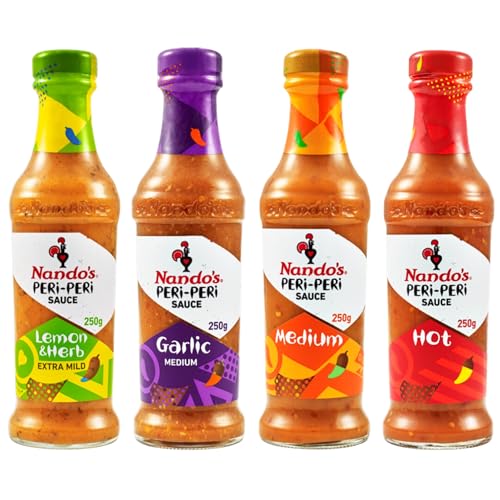 Nando's PERi-PERi Sauce Combo 4x 250g - Scharf (Hot), Mittelscharf (Medium), Knoblauch (Garlic Medium) und Lemon & Herb (Extra Mild) Soße Set von Nando's