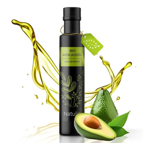 Natulio BIO Avocadoöl kaltgepresst 250ml - zur Ernährung sowie zur Hautpflege geeignet - reich an Vitamin E und ungesättigten Fettsäuren - zertifiziert nach DE-ÖKO-006 von Natulio