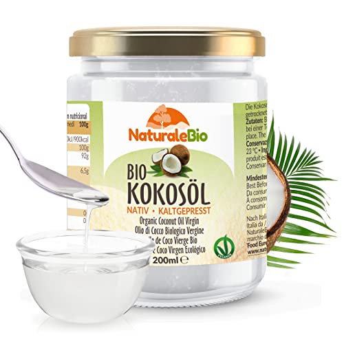 Bio Kokosöl 200ml Nativ. Kaltgepresst und Rein. Kokosöl bio kaltgepresst Herkunftsland Sri Lanka. Organic Raw Virgin Coconut Oil. NaturaleBio von NaturaleBio