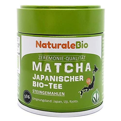 Matcha-Tee-Pulver-Bio - Ceremonial Grade - Original Green Tea aus Japan. Grüntee-Pulver Matcha Zeremonie-Qualität, hergestellt in Uji, Kyoto. Ideal zum Trinken, Kochen und in der Latte. 30g Dose. von NaturaleBio