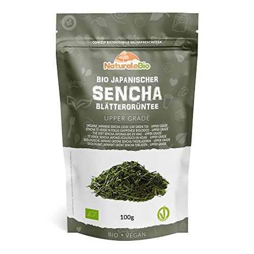 Japanischer Sencha Tee – 100 g Bio Grüntee – 100% reiner und natürlicher grüner Sencha Tee - Lose in Blättern der ersten Ernte – Bioprodukt angebaut in Japan – NaturaleBio von NaturaleBio