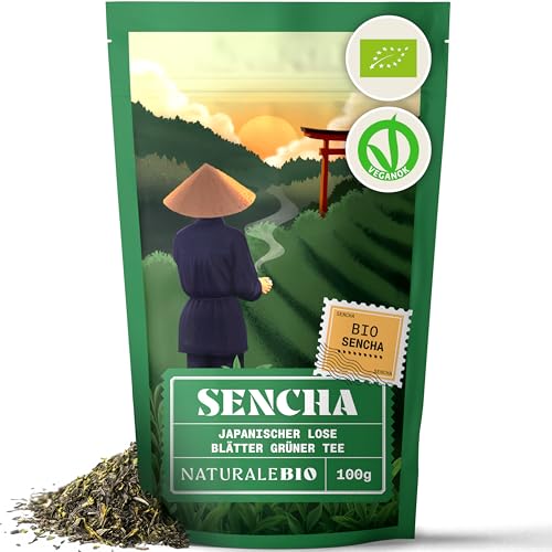 NaturaleBio Japanischer Sencha Tee – 100 g Bio Grüntee – 100% reiner und natürlicher grüner Sencha Tee - Lose in Blättern der ersten Ernte – Bioprodukt angebaut in Japan von NaturaleBio