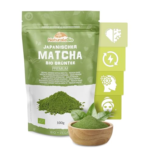 Matcha Tee Pulver Bio - Premium-Qualität - 100g. Original Green Tea aus Japan. Japanischer ideal zum Trinken. Grüntee für Latte, Smoothies Getränk. Hergestellt in Uji, Kyoto. von NaturaleBio
