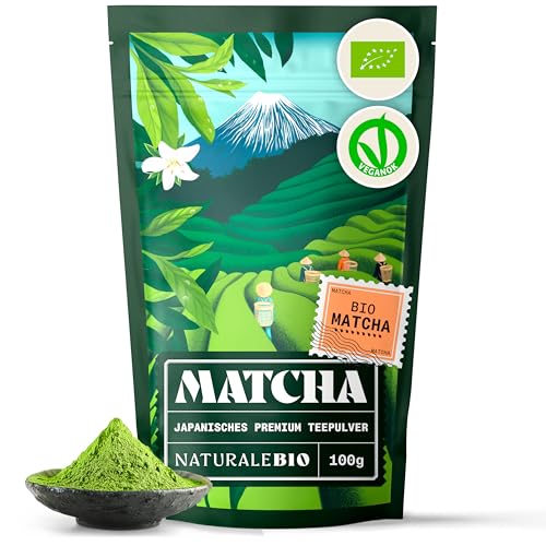 Matcha Tee Pulver Bio - Premium-Qualität - 100g. Original Green Tea aus Japan. Japanischer ideal zum Trinken. Grüntee für Latte, Smoothies Getränk. Hergestellt in Uji, Kyoto. von NaturaleBio