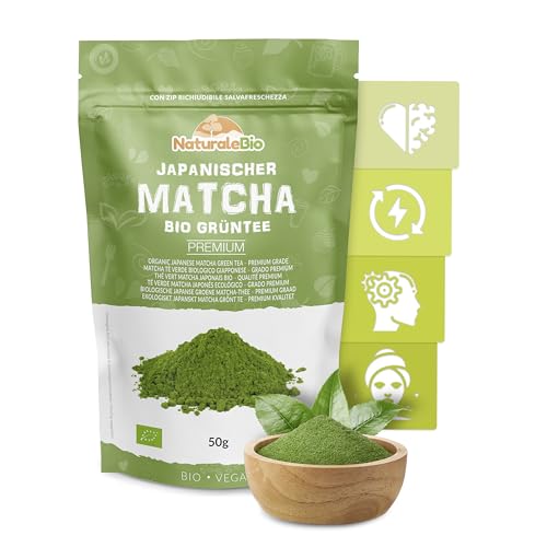 Matcha Tee Pulver Bio - Premium-Qualität - 50g. Original Green Tea aus Japan. Japanischer Matcha ideal zum Trinken. Grüntee-Pulver für Latte, Smoothies, Matcha-Getränk. Hergestellt in Uji, Kyoto. von NaturaleBio