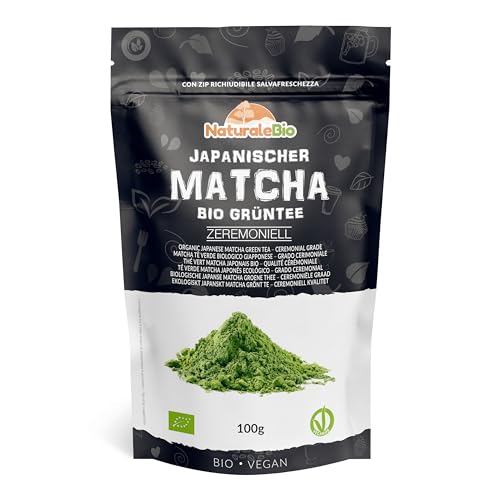 NaturaleBio Matcha-Tee-Pulver-Bio - Ceremonial Grade - 100g Original Green Tea aus Japan. Grüntee-Pulver Matcha Zeremonie-Qualität. Ideal zum Trinken, Kochen und als Kaffee Latte Zugabe. von NaturaleBio