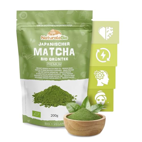 Matcha Tee Pulver Bio - Premium-Qualität - 200g. Original Green Tea aus Japan. ideal zum Trinken. Grüntee-Pulver für Latte, Smoothies, Matcha-Getränk. Hergestellt in Uji, Kyoto. von NaturaleBio