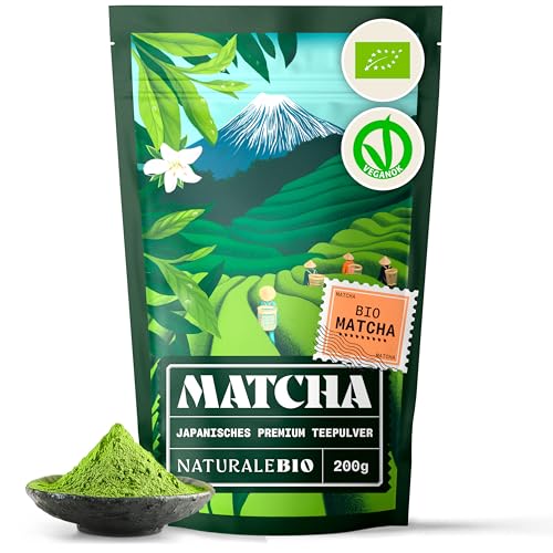 NaturaleBio Matcha Tee Pulver Bio - Premium-Qualität - 200g. Original Green Tea aus Japan. ideal zum Trinken. Grüntee-Pulver für Latte, Smoothies, Matcha-Getränk. Hergestellt in Uji, Kyoto. von NaturaleBio