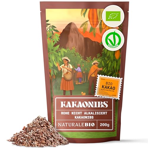 NaturaleBio Roh Kakao Nibs 200g. Organic Raw Cacao Nibs. Rohkost, natürlich und rein. Produziert aus der Theobroma Cacao Pflanze. Quelle für Magnesium, Kalium und Eisen. von NaturaleBio