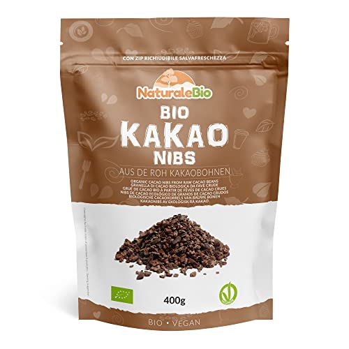 Roh Kakao Nibs Bio 400g. Organic Raw Cacao Nibs. Rohkost, natürlich und rein. Produziert in Peru aus der Theobroma Cocoa Pflanze. Quelle für Magnesium, Kalium und Eisen. von NaturaleBio