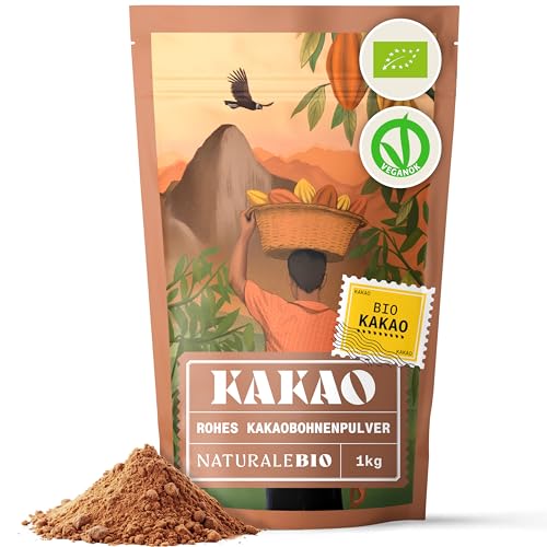 NaturaleBio Kakao Pulver Bio 1 Kg. Organic Cacao Powder. Natürlich und rein aus rohen Kakaobohnen. Ungesüßt. Produziert aus der Theobroma Cocoa Pflanze. Magnesium- und Phosphor-Quelle von NaturaleBio