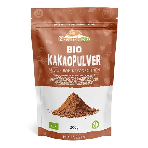 Kakao Pulver Bio 200 g. Organic Cacao Powder. Natürlich, rein aus rohen Kakaobohnen. Produziert in Peru aus der Theobroma Cocoa Pflanze. Magnesium- und Phosphor-Quelle. NaturaleBio. von NaturaleBio