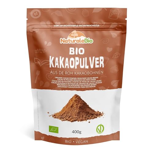 Kakao Pulver Bio 400 g. Organic Cacao Powder. Natürlich, rein aus rohen Kakaobohnen. Produziert in Peru aus der Theobroma Cocoa Pflanze. Magnesium- und Phosphor-Quelle. NaturaleBio. von NaturaleBio