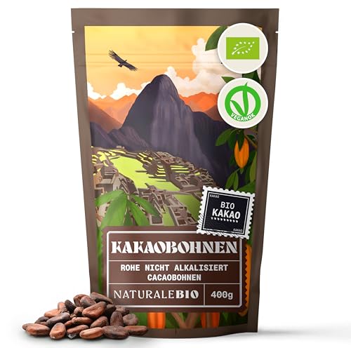 NaturaleBio Rohe Kakaobohnen. 400g -Kakaobohnen. Natürliche und reine Rohkost. Kakao produziert aus der Theobroma-Kakaopflanze. von NaturaleBio