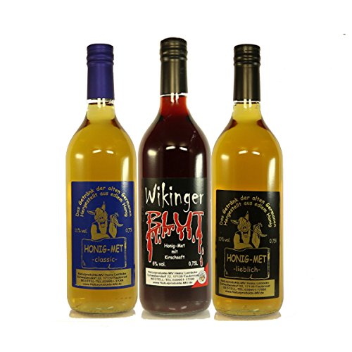 3 Fl. Probierpaket Honigwein á 0,75l Nr. 1: Wikingerblut, Met classic, Met fruchtig-lieblich 3 Fl. Probierpaket Honigwein á 0,75l Nr. 1: Wikingerblut, Met classic, Met fruchtig-lieblich von Naturprodukte-MV