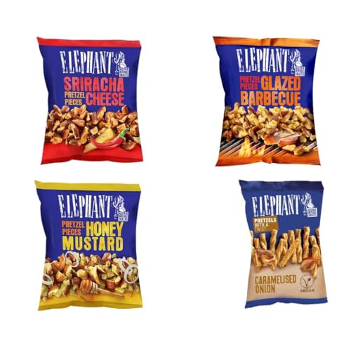 Elephant Pretzel Pieces 4er Mix 445g - Glazed BBQ, Honey Mustard, Sriracha Cheese & Karamellisierte Zwiebel - Box by Needforsweet von Needforsweet