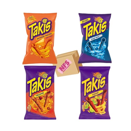 Needforsweet Takis Chips Box 16x100g |je 4x - Taki-Paket mit Fuego, Blue Heat, Intense Nacho & Volcano | Scharfe amerikanische Chips | Taki-Mischung im Set | Blaue Takis, Spezialchips, Chipspackung von Needforsweet