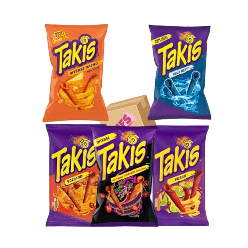 Needforsweet Takis Chips Box 5x100g | Taki-Paket Fuego, Blue Heat, Intense Nacho, Sweet Chilli & Volcano | Scharfe amerikanische Chips | Taki-Mischung im Set | Blaue Takis, Spezialchips, Chipspack von Needforsweet