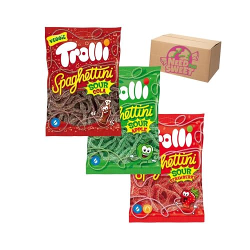Trolli Fruchtgummi Spaghettini Trio 3x 150g Saure Cola, Saurer Apfel, Saure Erdbeere mit Needforsweet Box von Needforsweet