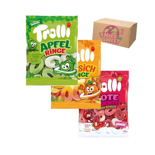 Trolli Fruchtringe 3x 150g Apfelringe, Pfirsichringe und Rote Früchte Ringe inkl. Needforsweet Box von Needforsweet
