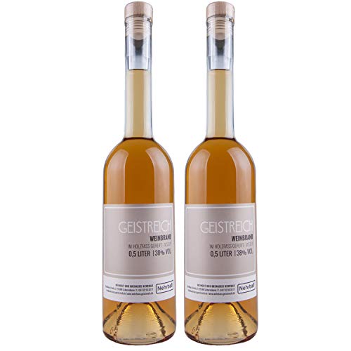 Nehrbaß - 2er Set “Alter Weinbrand” im Holzfass gereift 0,5 Liter - Premium Edelbrand 38% Vol. - Wein Brand Schnaps aus Deutschland (33,80 Euro/Liter) von Nehrbaß