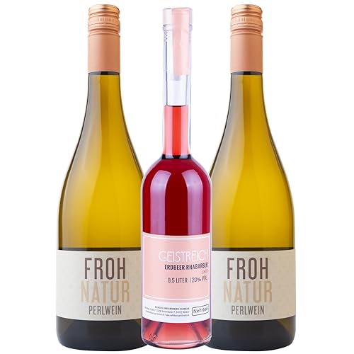 Nehrbaß - 3er Sommerset bestehend aus: 2x Frohnatur Perlwein 2022 11,0% weiß trocken und 1x Erdbeer-Rhabarber-Likör 20% Vol. 0.5 Liter aus Deutschland von Nehrbaß