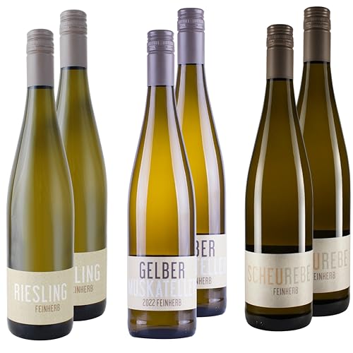 Nehrbaß - Weißwein feinherb - 6er Probierset "fruchtige Weine mit eleganter Restsüße" 6 x 0,75 Liter aus: 2 x Riesling 2022, 2 x Gelber Muskateller 2022, 2 x Scheurebe 2022 von Nehrbaß