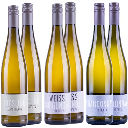 Nehrbaß - Weißwein trocken - Probierpaket 6 x 0,75 Liter aus: 2 x Riesling 2023, 2 x Weißburgunder 2022, 2 x Chardonnay 2022 - Qualitätswein - Vegan - Aus Deutschland (Rheinhessen) von Nehrbaß
