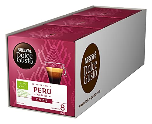 NESCAFÉ Dolce Gusto Peru Espresso 36 Kaffeekapseln (100% biologischer Anbau, Hochland Arabica Bohnen, Charaktervoller Espresso, Absolut Origin, Aromaversiegelte Kapseln), 3er Pack (3 x 12 Kapseln) von NESCAFÉ Dolce Gusto
