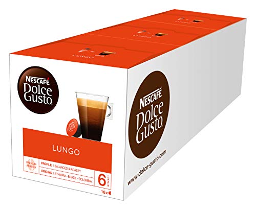 NESCAFÉ Dolce Gusto Lungo Kaffeekapseln (100 Prozent Arabica Bohnen, Feine Crema und kräftiges Aroma, Schnelle Zubereitung, Aromaversiegelte Kapseln) 3er Pack (3 x 16 Kapseln) von NESCAFÉ Dolce Gusto