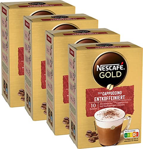 NESCAFÉ GOLD Typ Cappuccino Entkoffeiniert, Getränkepulver-Sticks aus entkoffeiniertem löslichem Bohnenkaffee, koffeinfrei, 4er Pack (4 x 10 Getränkepulver-Sticks à 12,5g) von Nescafé