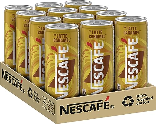 NESCAFÉ Ready-to-drink Typ Latte Caramel, trinkfertiger Eiskaffee mit feiner Karamellnote in der Dose für unterwegs, koffeinhaltig, 12er Pack (12 x 250ml) von Nescafé