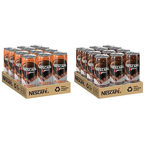 NESCAFÉ XPRESS Cappuccino, trinkfertiger Iced Coffee Cappuccino in der Dose für unterwegs, koffeinhaltig, 12er Pack (12 x 250ml) & XPRESS Espresso Macchiato, in der Dose für unterwegs, 12 x 250ml von Nescafé