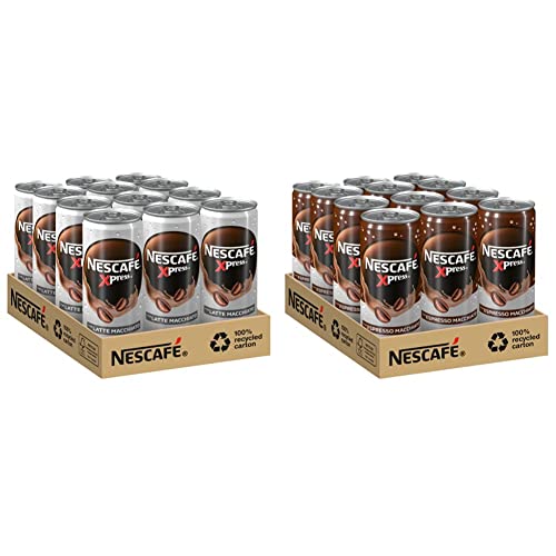 NESCAFÉ XPRESS Latte Macchiato, trinkfertiger Iced Coffee Latte Macchiato in der Dose für unterwegs, koffeinhaltig (12 x 250ml) & XPRESS Espresso Macchiato, in der Dose für unterwegs, 12 x 250ml von Nescafé