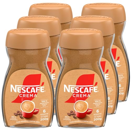 NESCAFÉ CLASSIC Crema, löslicher Bohnenkaffee aus mitteldunkel gerösteten Kaffeebohnen, kräftiger Instant-Kaffee mit samtiger Crema, koffeinhaltig, 6er Pack von Nescafé