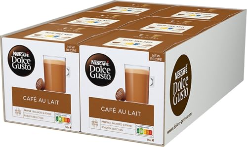 NESCAFÉ Dolce Gusto Café au Lait 96 Kaffeekapseln (ausgewählte Robusta Bohnen, Leichter Kaffeegenuss mit cremigem Milchschaum, Aromaversiegelte Kapseln), 6er Pack (6x16 Kapseln) von NESCAFÉ DOLCE GUSTO