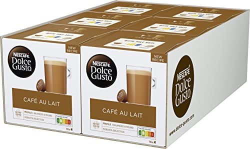 NESCAFÉ Dolce Gusto Café au Lait 96 Kaffeekapseln (ausgewählte Robusta Bohnen, Leichter Kaffeegenuss mit cremigem Milchschaum, Aromaversiegelte Kapseln), 6er Pack (6x16 Kapseln) von NESCAFÉ DOLCE GUSTO