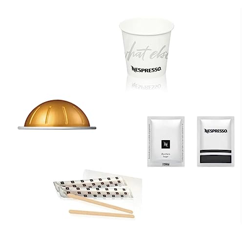 Nespresso VertuoLine Espresso Voltesso 50 Kapseln mit Kaffeezubehör-Set: 50 Gläser Papier 110 ml, 50 Bambus-Paletten und 50 Beutel Weißzucker von Nespresso