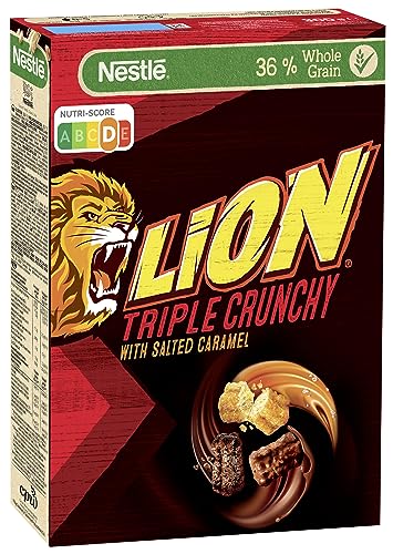Nestlé Lion Triple Crunchy, knusprige Frühstücks-Cerealien in Churros-Form mit Milchschokolade & Salted Caramel, 36 % Vollkornanteil, 1er Pack (1x300g) von Nestlé LION