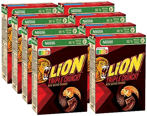 Nestlé Lion Triple Crunchy, knusprige Frühstücks-Cerealien in Churros-Form mit Milchschokolade & Salted Caramel, 36 % Vollkornanteil, 8er Pack (8x300g) von Nestlé Lion
