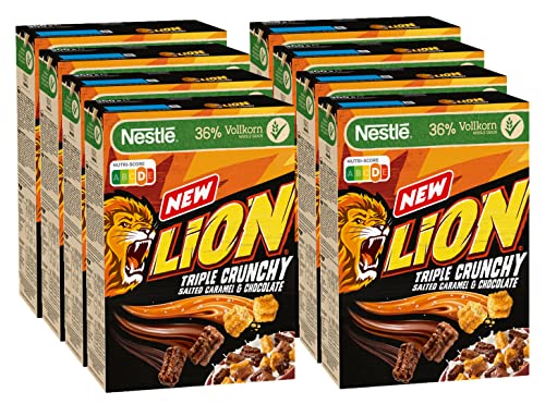 Nestlé Lion Triple Crunchy, knusprige Frühstücks-Cerealien in Churros-Form mit Milchschokolade & Salted Caramel, 36 % Vollkornanteil, 8er Pack (8 x 300g) von Nestlé LION