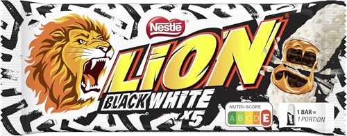 LION Schokoriegel Black & White, Snack mit Biss, knackige Schokolade & knusprige Crisps, Brownie-Füllung, das besondere Beißerlebnis, 1er Pack (á 5 x 30g) von Nestlé Lion