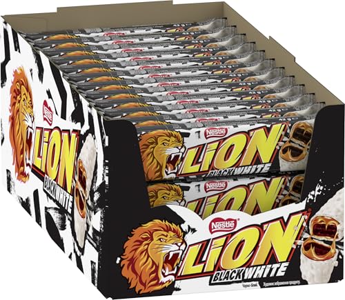 LION Schokoriegel Black & White, Snack mit Biss, knackige Schokolade & knusprige Crisps, Brownie-Füllung, das besondere Beißerlebnis, 24er Pack (24 x 42g) von Nestlé Lion